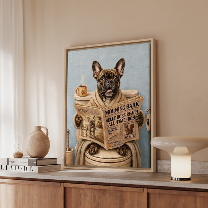 French Bulldog on the Toilet Funny Bathroom Art, Newspaper Reading Dog Print, Canvas or Framed Wall Art