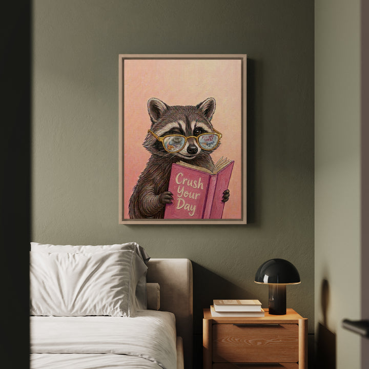 "Crush Your Day" - Raccoon Vertical Framed Canvas - Animal Book Humor Wall Art