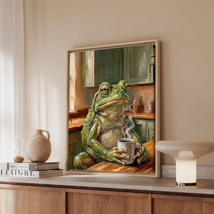 "Coffee & Silence" - Frog Vertical Framed Canvas - Spirit Animal Wall Art