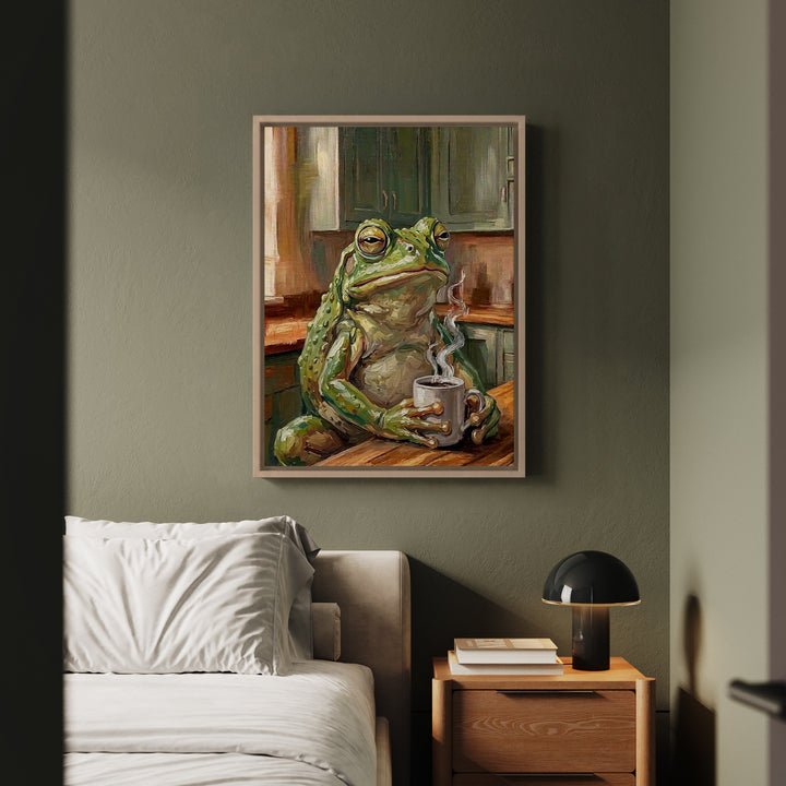 "Coffee & Silence" - Frog Vertical Framed Canvas - Spirit Animal Wall Art