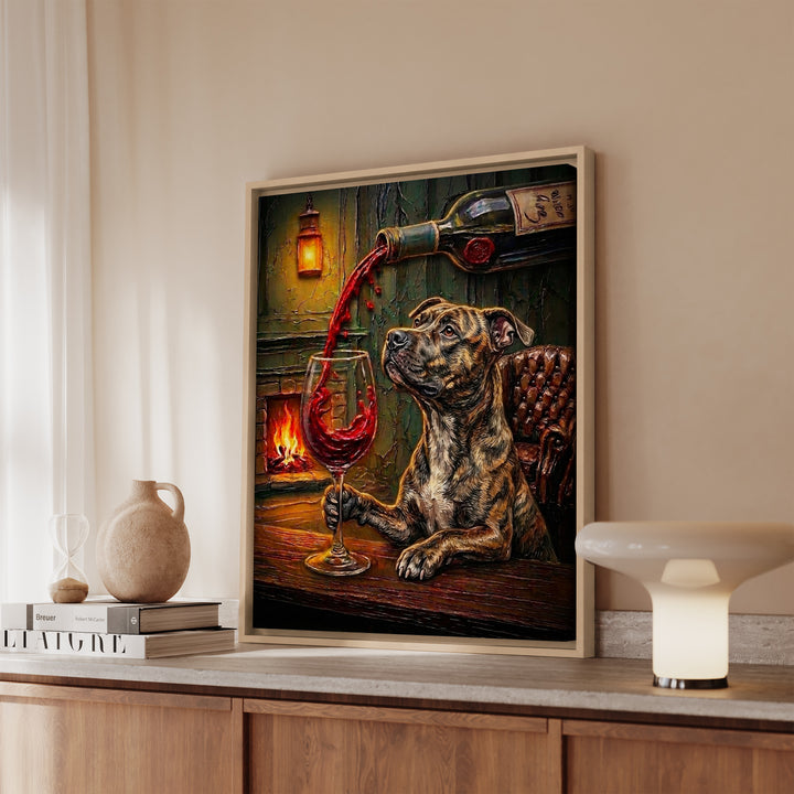 Pit Bull Wine Wall Art, Funny Bar Cart Dog Print for Wine Lovers, Canvas or Framed