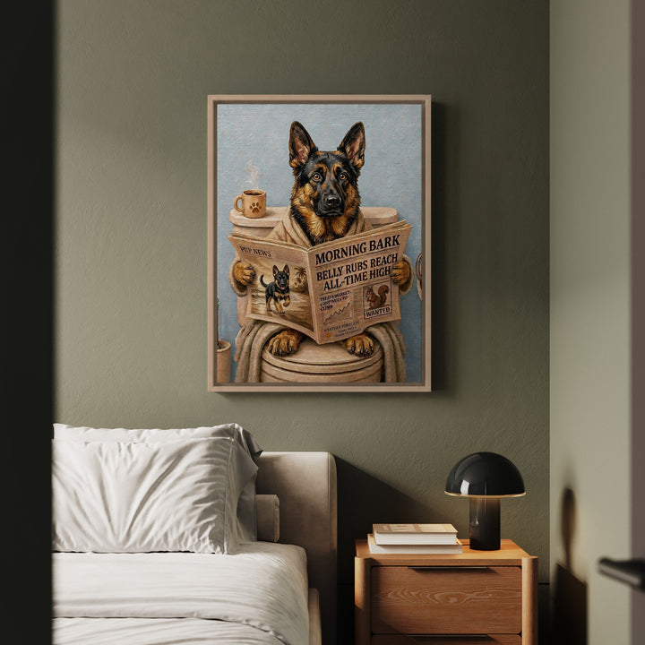 German Shepherd on the Toilet Funny Bathroom Art, Newspaper Reading Dog Print, Canvas or Framed Wall Art