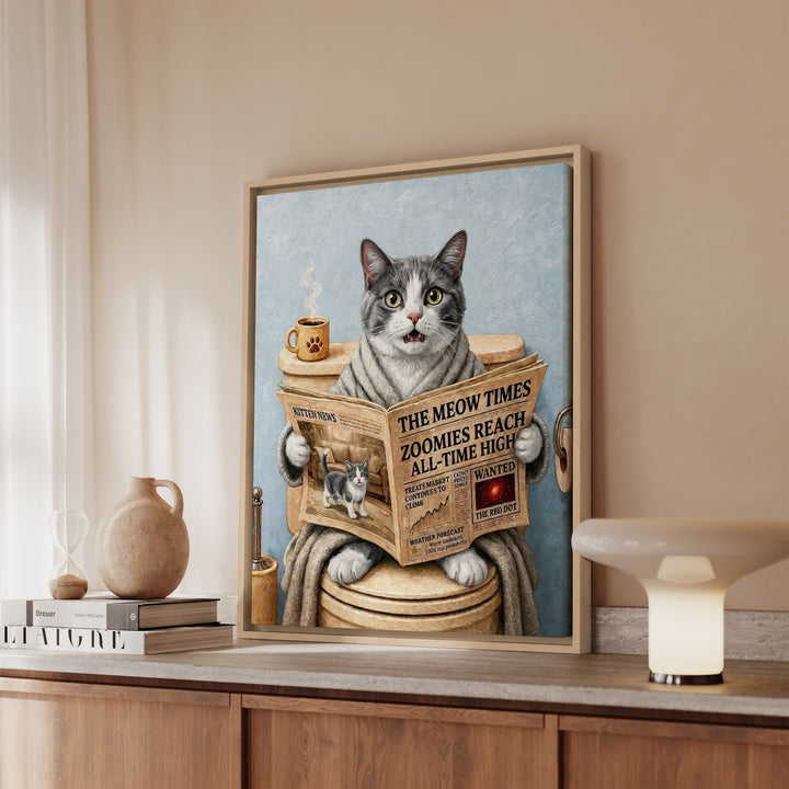 Gray and White Cat on the Toilet Funny Bathroom Art, Newspaper Reading Cat Print, Canvas or Framed Wall Art