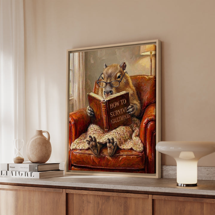 "Survive Adulthood" - Capybara Vertical Framed Canvas - Spirit Animal Wall Art