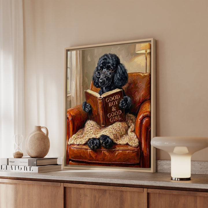 Poodle Evening Read Framed Canvas