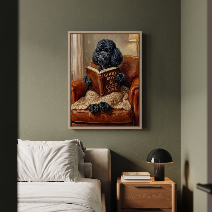 "Evening Read" - Poodle Vertical Framed Canvas - Dog Lover Wall Art