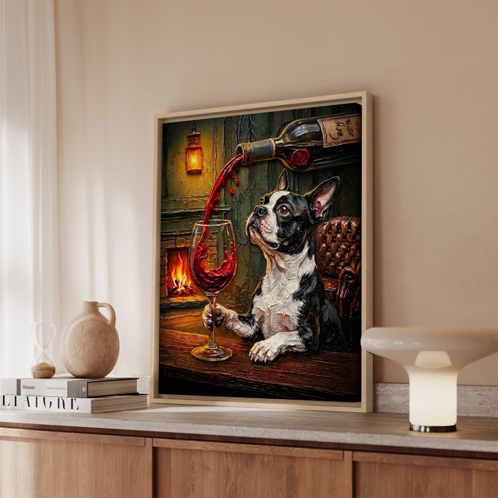Boston Terrier Wine & Woof Framed Canvas