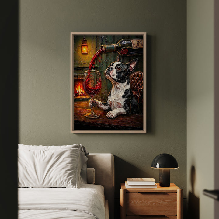 "Wine & Woof" - Boston Terrier Vertical Framed Canvas - Dog Lover Wall Art