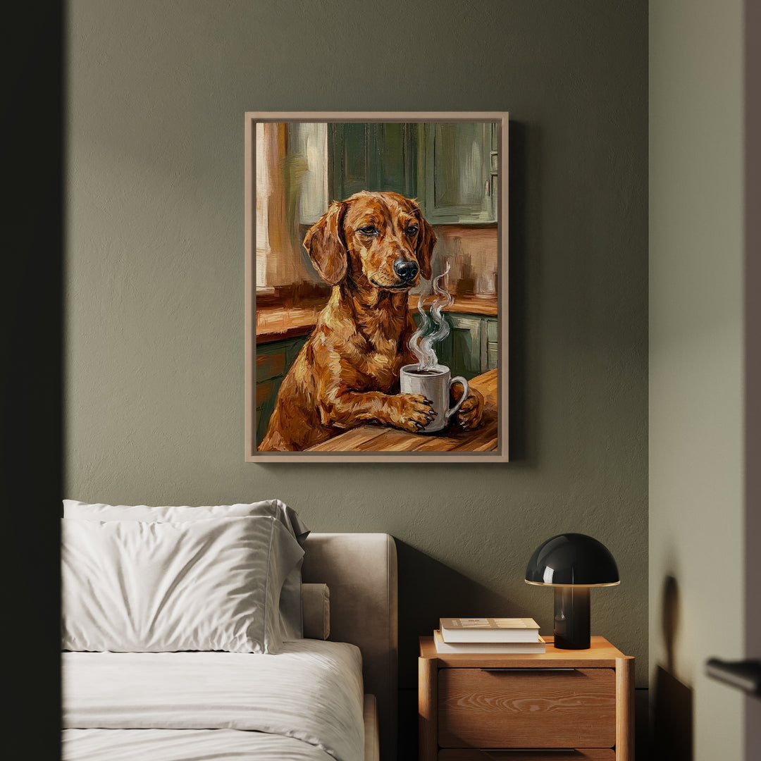 Grumpy Dachshund Coffee Wall Art, Funny Kitchen Print for Coffee Lovers, Canvas or Framed