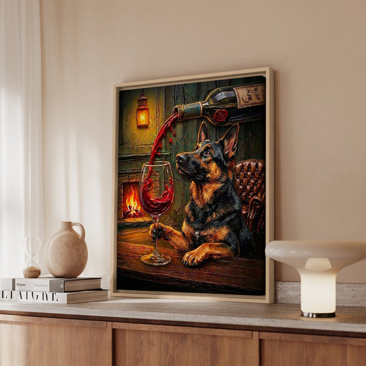 German Shepherd Wine & Woof Framed Canvas