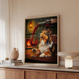 "Wine & Woof" - Shetland Sheepdog Vertical Framed Canvas - Dog Lover Wall Art