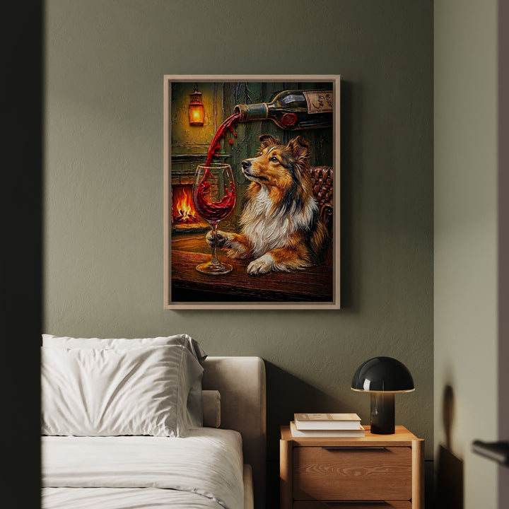 "Wine & Woof" - Shetland Sheepdog Vertical Framed Canvas - Dog Lover Wall Art