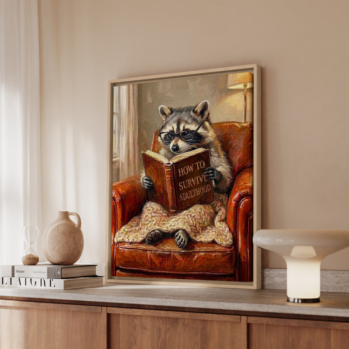"Survive Adulthood" - Raccoon Vertical Framed Canvas - Spirit Animal Wall Art