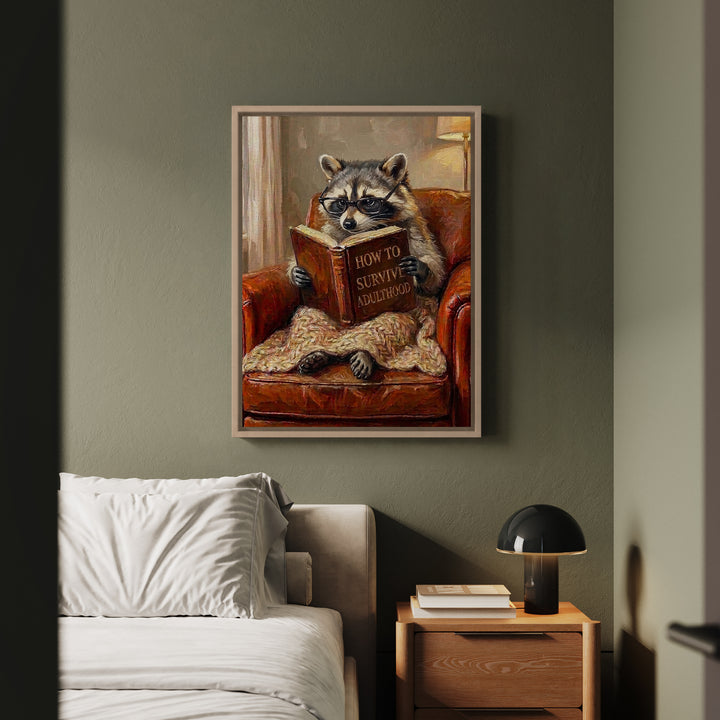"Survive Adulthood" - Raccoon Vertical Framed Canvas - Spirit Animal Wall Art