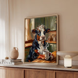 "Coffee & Silence" - Cow Vertical Framed Canvas - Spirit Animal Wall Art
