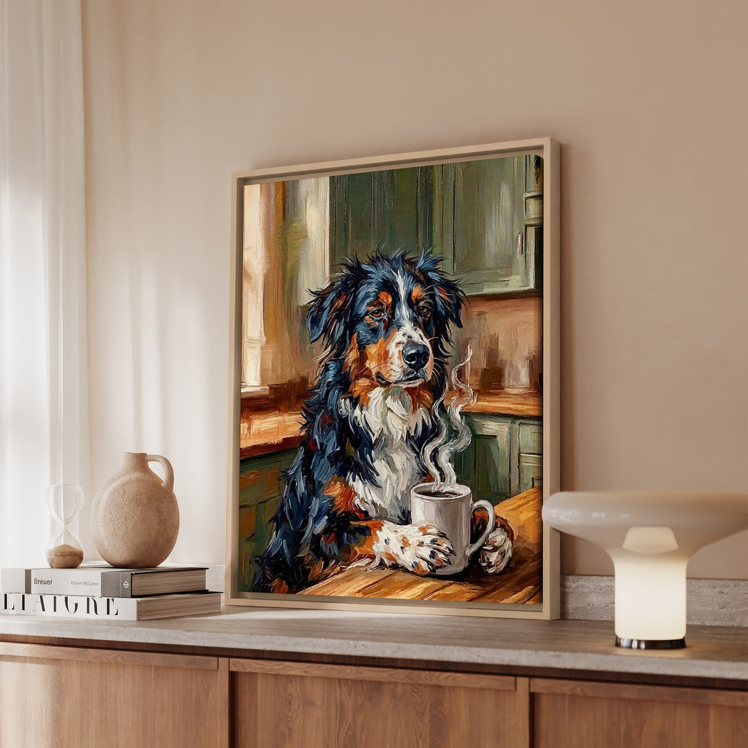 Australian Shepherd Before Coffee Framed Canvas