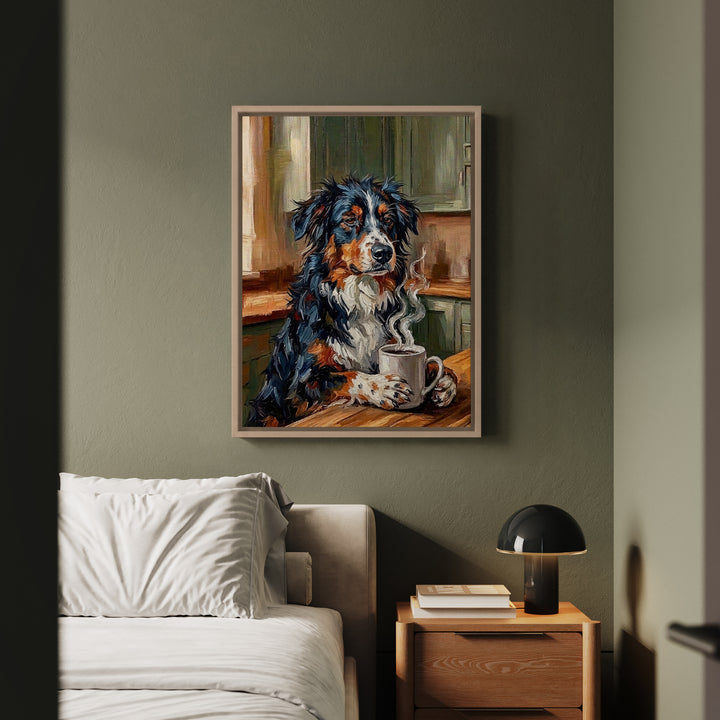 "Before Coffee" - Australian Shepherd Vertical Framed Canvas - Dog Lover Wall Art