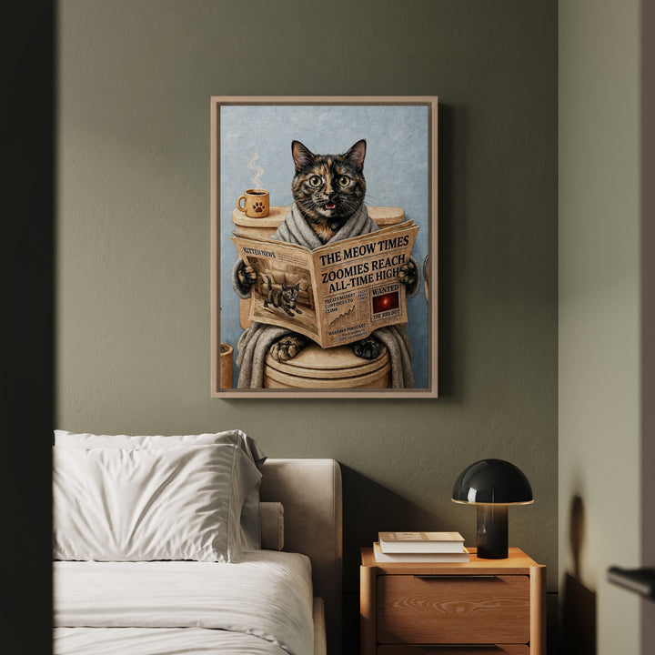 Tortoiseshell Cat on the Toilet Funny Bathroom Art, Newspaper Reading Cat Print, Canvas or Framed Wall Art
