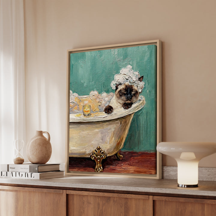 Siamese Colorpoint Cat in Bathtub Funny Bathroom Art, Spa Day Cat Print, Canvas or Framed Wall Art