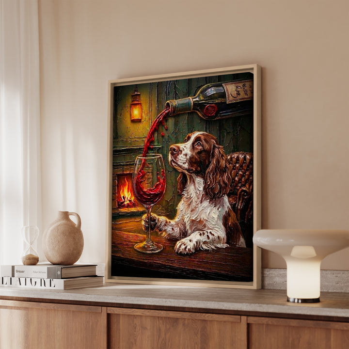 English Springer Spaniel Wine Wall Art, Funny Bar Cart Dog Print for Wine Lovers, Canvas or Framed