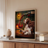 "Wine & Woof" - English Springer Spaniel Vertical Framed Canvas - Dog Lover Wall Art