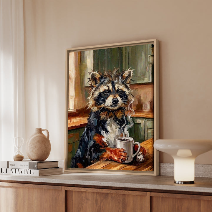 "Coffee & Silence" - Raccoon Vertical Framed Canvas - Spirit Animal Wall Art