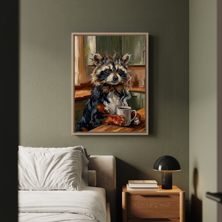 "Coffee & Silence" - Raccoon Vertical Framed Canvas - Spirit Animal Wall Art