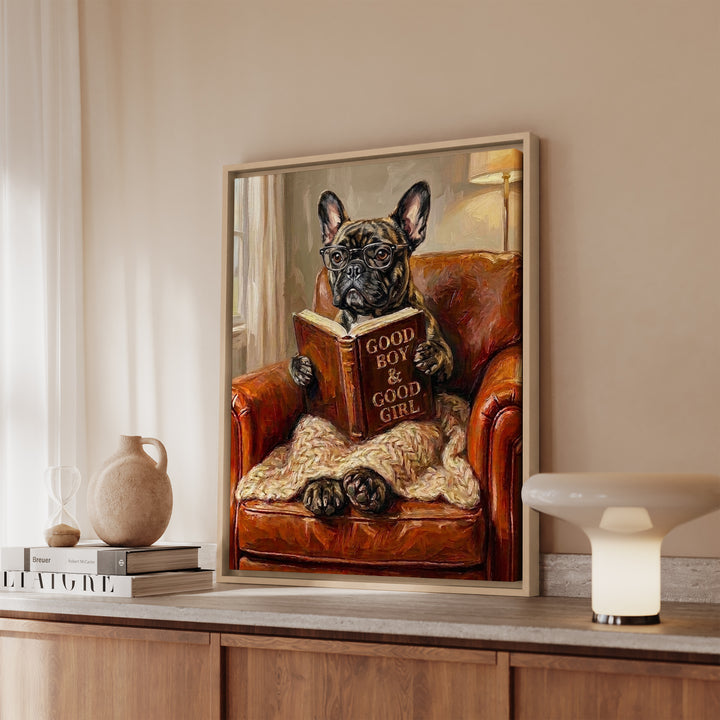 French Bulldog Evening Read Framed Canvas