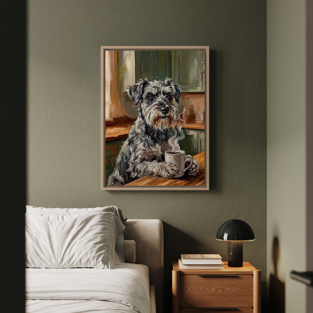"Before Coffee" - Schnauzer Vertical Framed Canvas - Dog Lover Wall Art