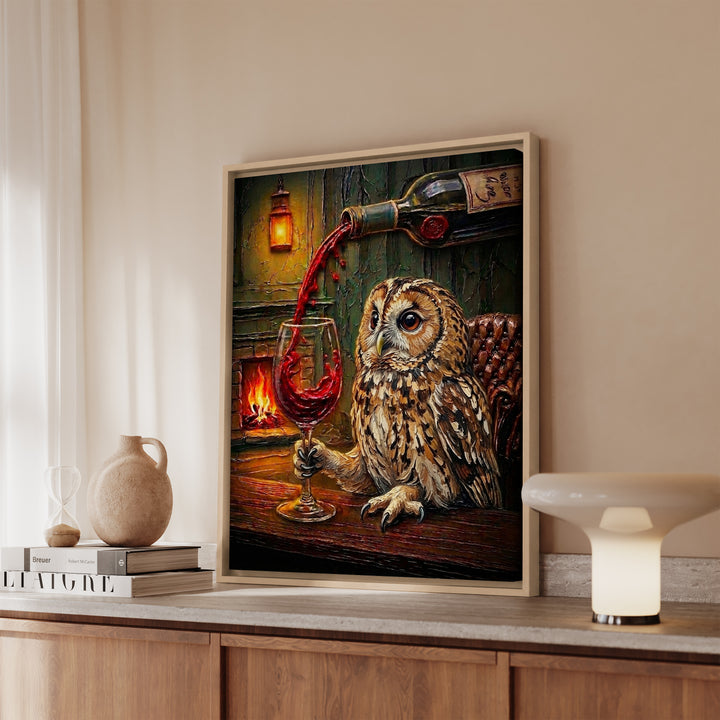 "Wine & Spirit" - Owl Vertical Framed Canvas - Spirit Animal Wall Art