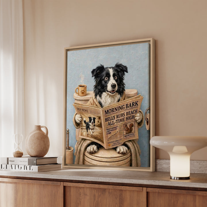 Border Collie on the Toilet Funny Bathroom Art, Newspaper Reading Dog Print, Canvas or Framed Wall Art