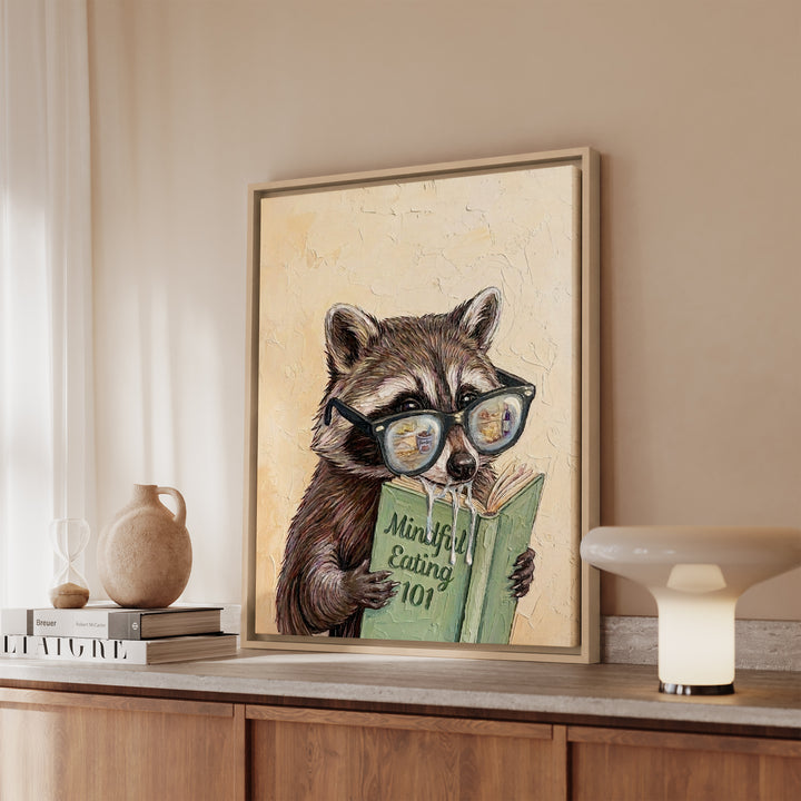 "Mindful Eating" - Raccoon Vertical Framed Canvas - Animal Book Humor Wall Art