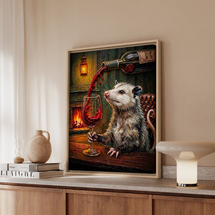 "Wine & Spirit" - Opossum Vertical Framed Canvas - Spirit Animal Wall Art