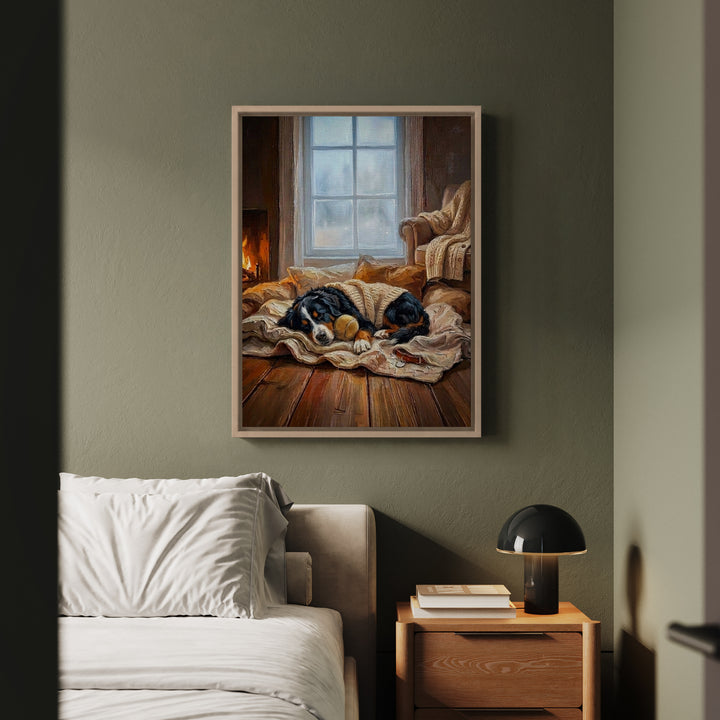 "Calm Memories" - Bernese Mountain Dog Vertical Framed Canvas - Dog Lover Wall Art