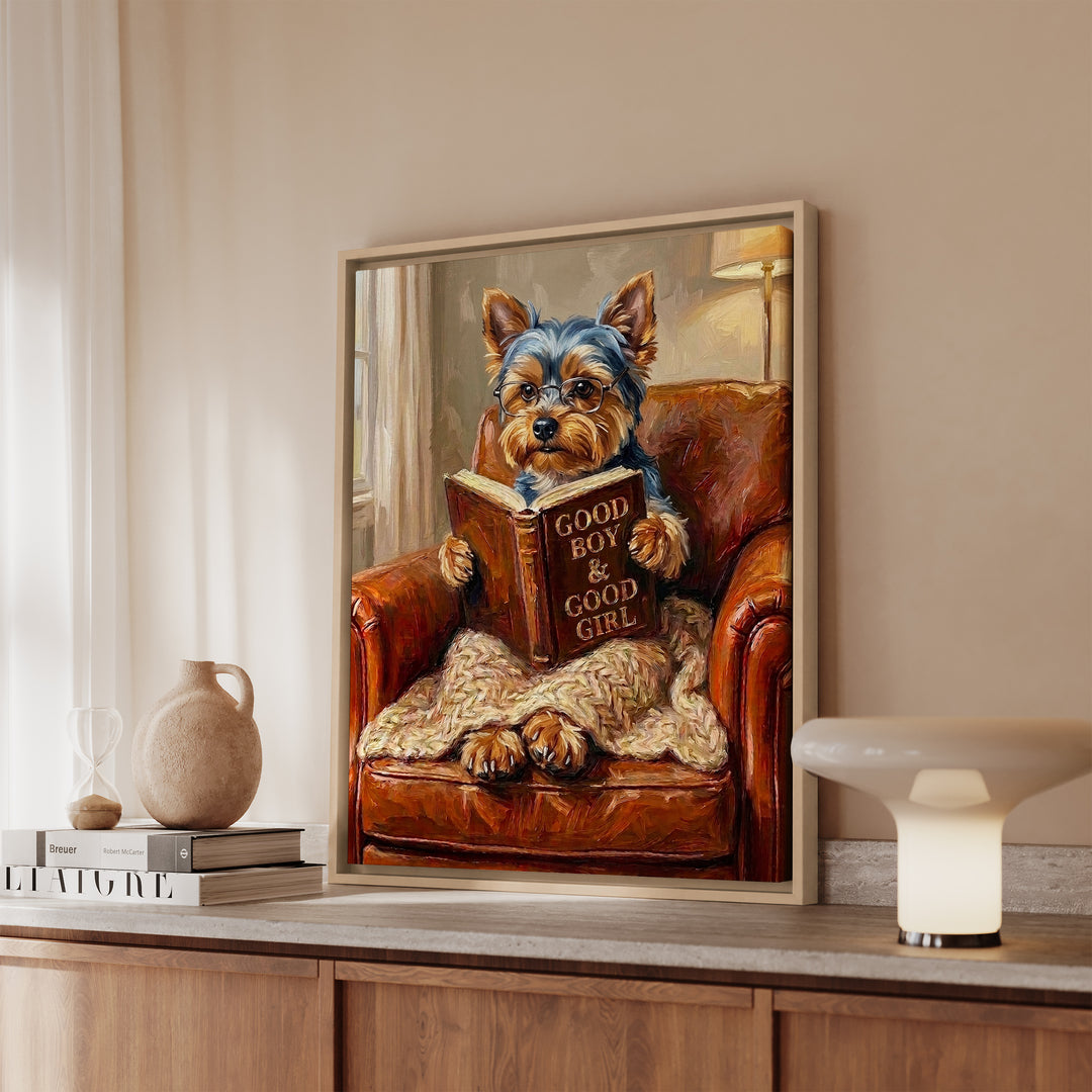Yorkie Evening Read Framed Canvas