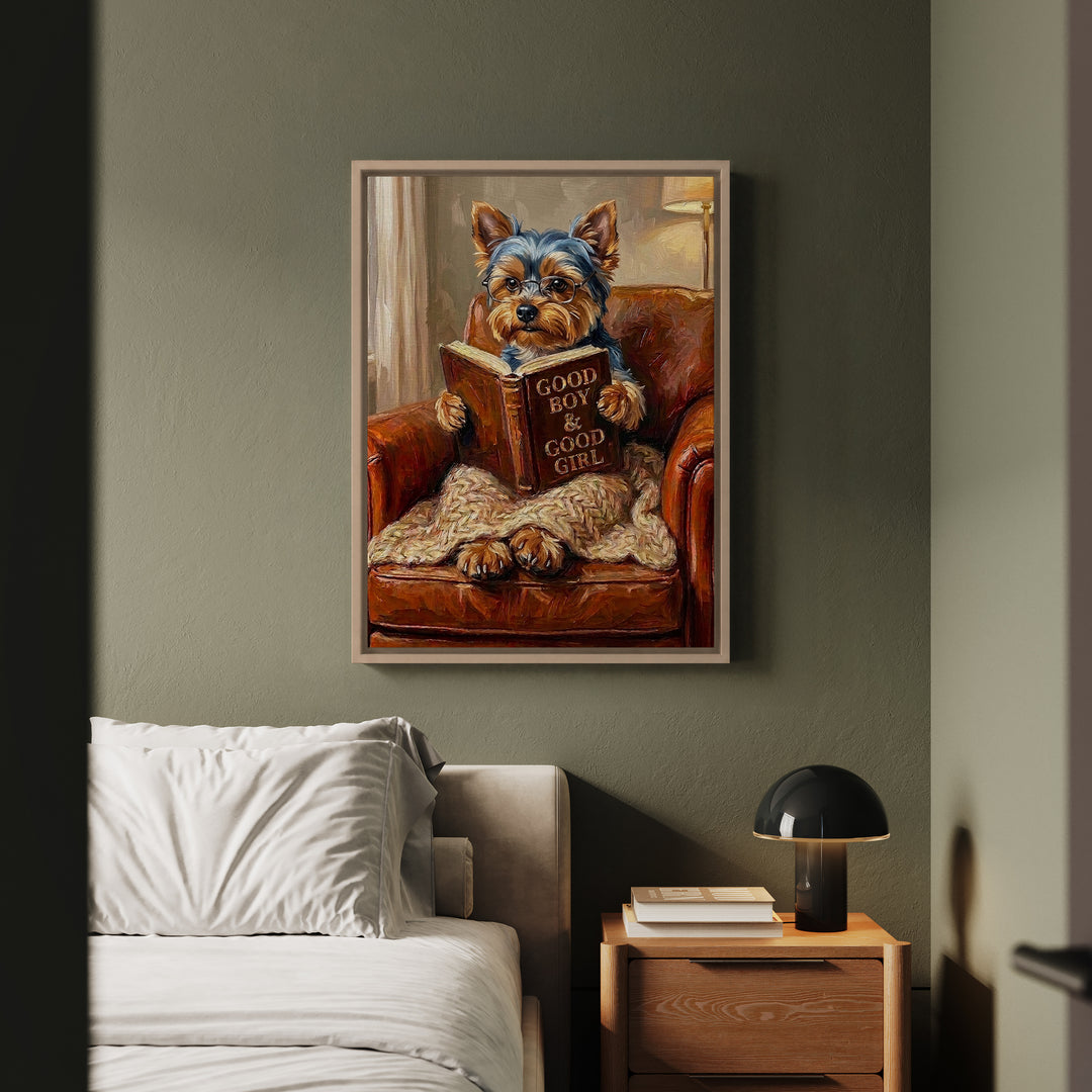 "Evening Read" - Yorkie Vertical Framed Canvas - Dog Lover Wall Art