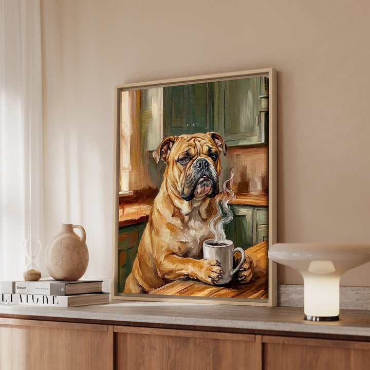 Grumpy English Bulldog Coffee Wall Art, Funny Kitchen Print for Coffee Lovers, Canvas or Framed