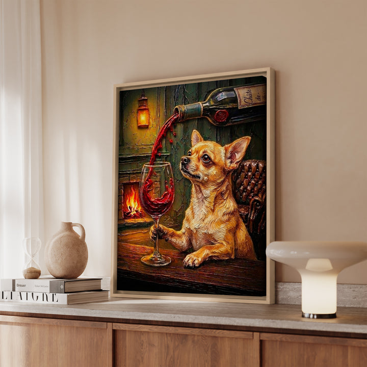 Chihuahua Wine & Woof Framed Canvas