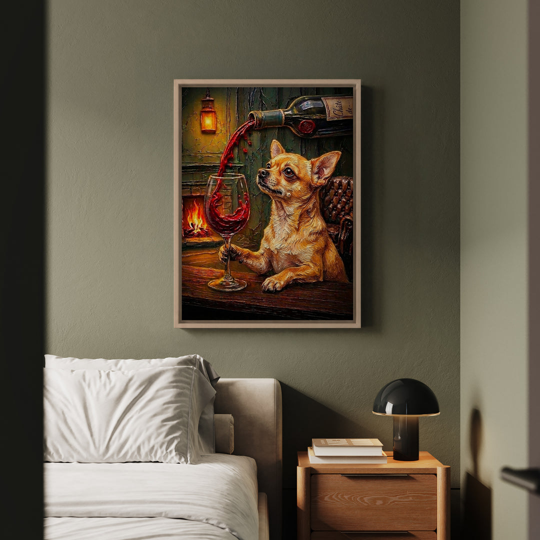 "Wine & Woof" - Chihuahua Vertical Framed Canvas - Dog Lover Wall Art