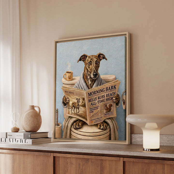 "Morning Business" - Greyhound Vertical Framed Canvas - Dog Lover Wall Art