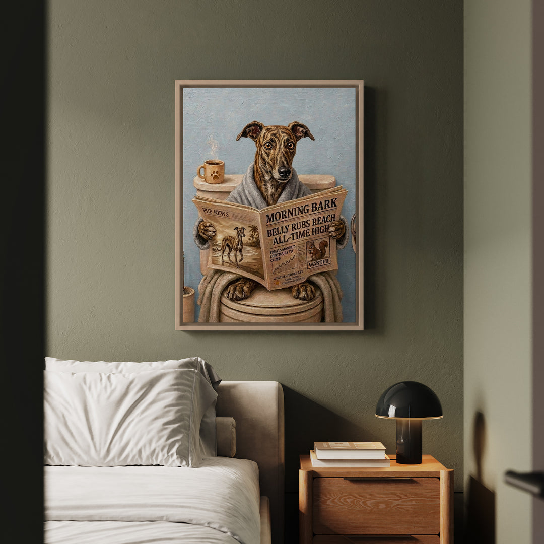 "Morning Business" - Greyhound Vertical Framed Canvas - Dog Lover Wall Art