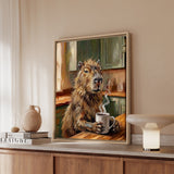 "Coffee & Silence" - Capybara Vertical Framed Canvas - Spirit Animal Wall Art