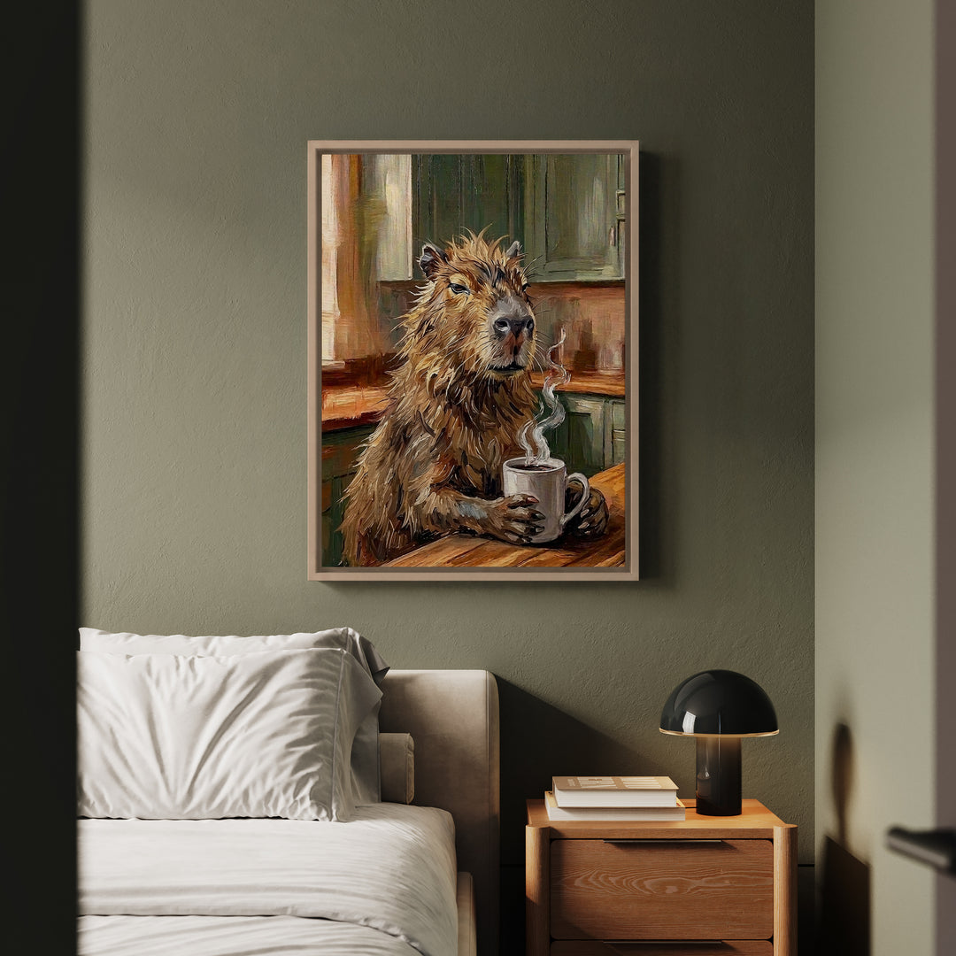 "Coffee & Silence" - Capybara Vertical Framed Canvas - Spirit Animal Wall Art