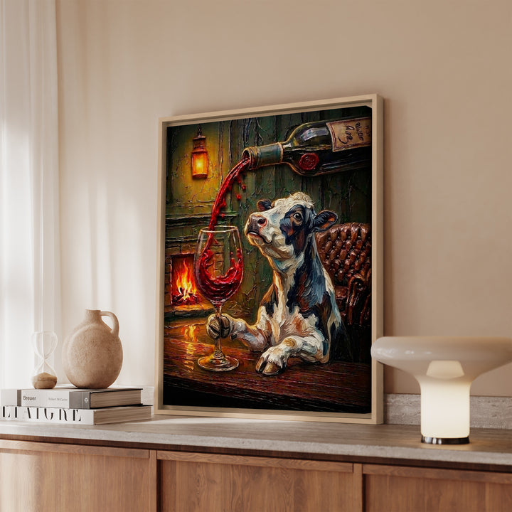 "Wine & Spirit" - Cow Vertical Framed Canvas - Spirit Animal Wall Art