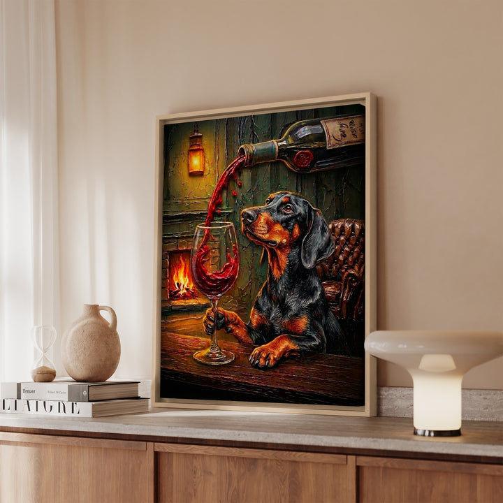 Doberman Wine Wall Art, Funny Bar Cart Dog Print for Wine Lovers, Canvas or Framed