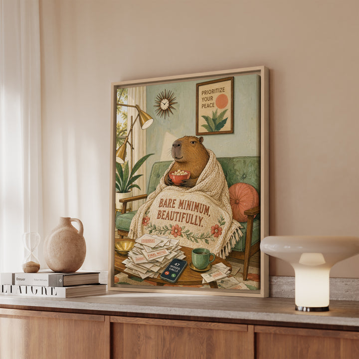 "Bare Minimum" - Capybara Vertical Framed Canvas - Dark Burnout Humor Wall Art