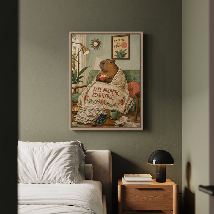 "Bare Minimum" - Capybara Vertical Framed Canvas - Dark Burnout Humor Wall Art