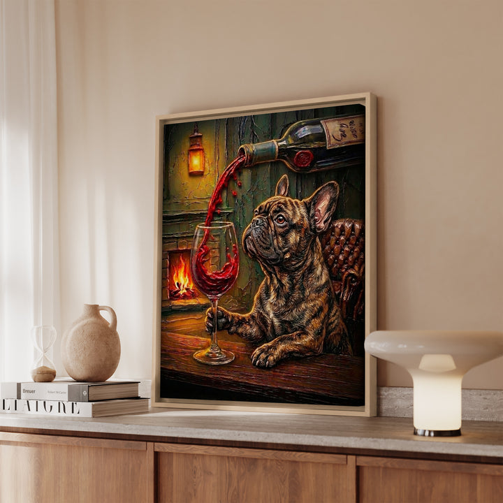 French Bulldog Wine & Woof Framed Canvas