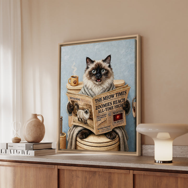 Fluffy Colorpoint Cat on the Toilet Funny Bathroom Art, Newspaper Reading Cat Print, Canvas or Framed Wall Art