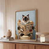 "Morning Business" - Fluffy Colorpoint Vertical Framed Canvas - Cat Lover Wall Art